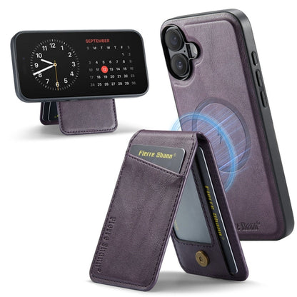 For iPhone 16 Plus Fierre Shann Cowhide Vertical Flip Magnetic Card Holder Phone Case(Purple)