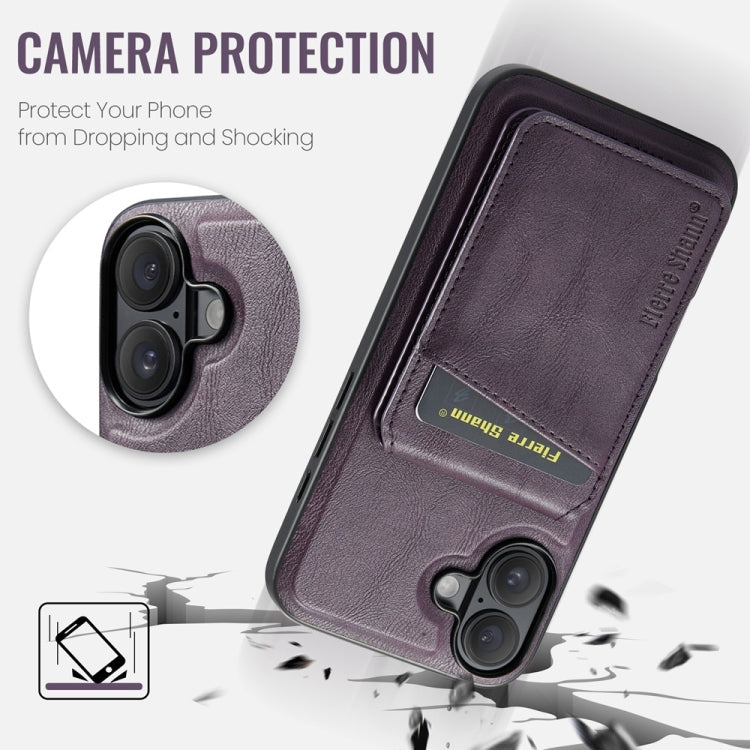 For iPhone 16 Plus Fierre Shann Cowhide Vertical Flip Magnetic Card Holder Phone Case(Purple)