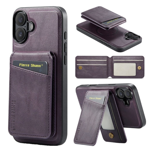 For iPhone 16 Plus Fierre Shann Cowhide Vertical Flip Magnetic Card Holder Phone Case(Purple)