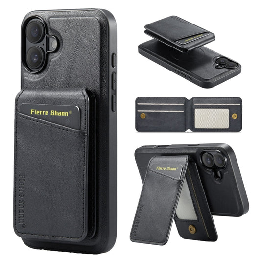 For iPhone 16 Fierre Shann Cowhide Vertical Flip Magnetic Card Holder Phone Case(Black)