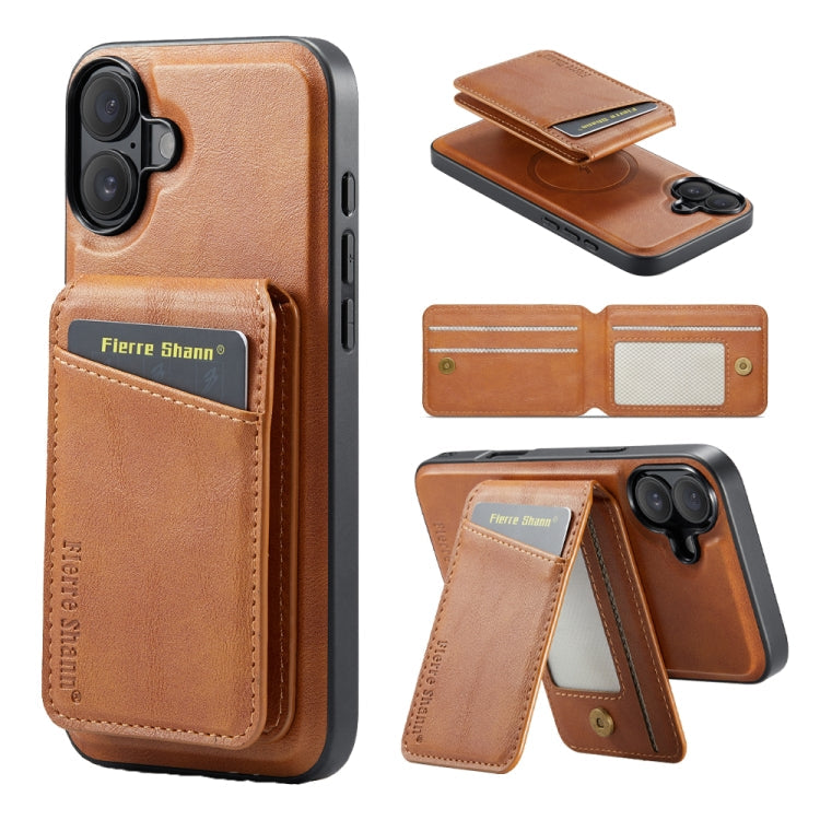 For iPhone 16 Fierre Shann Cowhide Vertical Flip Magnetic Card Holder Phone Case(Brown)