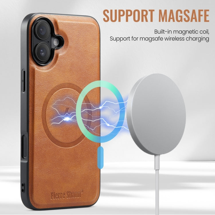 For iPhone 16 Fierre Shann Cowhide Vertical Flip Magnetic Card Holder Phone Case(Brown)