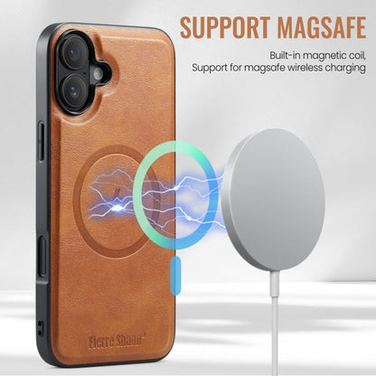 For iPhone 16 Fierre Shann Cowhide Vertical Flip Magnetic Card Holder Phone Case(Brown)