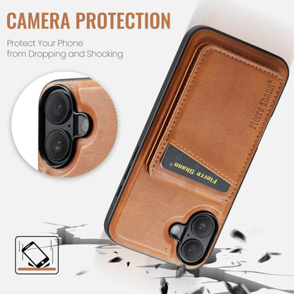 For iPhone 16 Fierre Shann Cowhide Vertical Flip Magnetic Card Holder Phone Case(Brown)