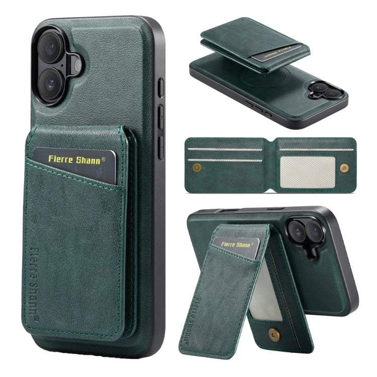 For iPhone 16 Fierre Shann Cowhide Vertical Flip Magnetic Card Holder Phone Case(Green)