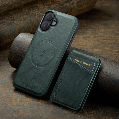 For iPhone 16 Fierre Shann Cowhide Vertical Flip Magnetic Card Holder Phone Case(Green)
