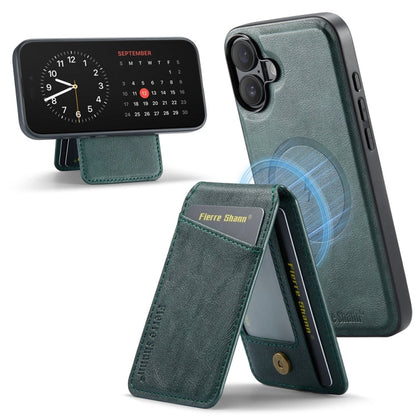 For iPhone 16 Fierre Shann Cowhide Vertical Flip Magnetic Card Holder Phone Case(Green)