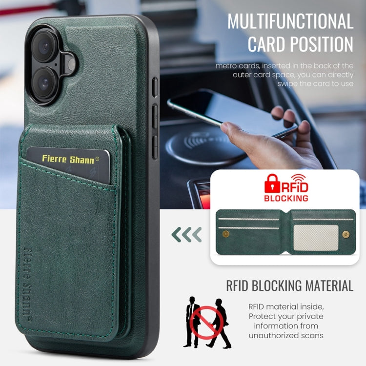 For iPhone 16 Fierre Shann Cowhide Vertical Flip Magnetic Card Holder Phone Case(Green)