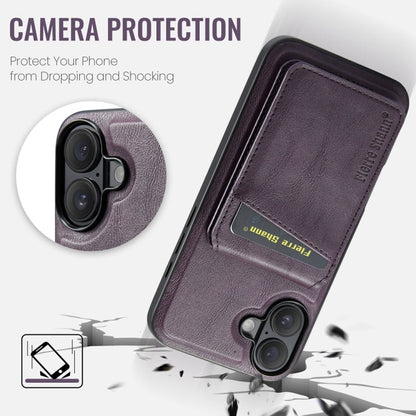 For iPhone 16 Fierre Shann Cowhide Vertical Flip Magnetic Card Holder Phone Case(Purple)