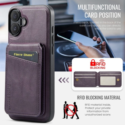 For iPhone 16 Fierre Shann Cowhide Vertical Flip Magnetic Card Holder Phone Case(Purple)