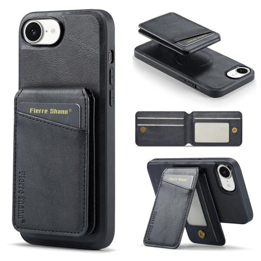 For iPhone 17e / 16e Fierre Shann Cowhide Vertical Flip Magnetic Card Holder Phone Case(Black)