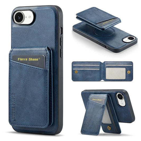 For iPhone 17e / 16e Fierre Shann Cowhide Vertical Flip Magnetic Card Holder Phone Case(Blue)