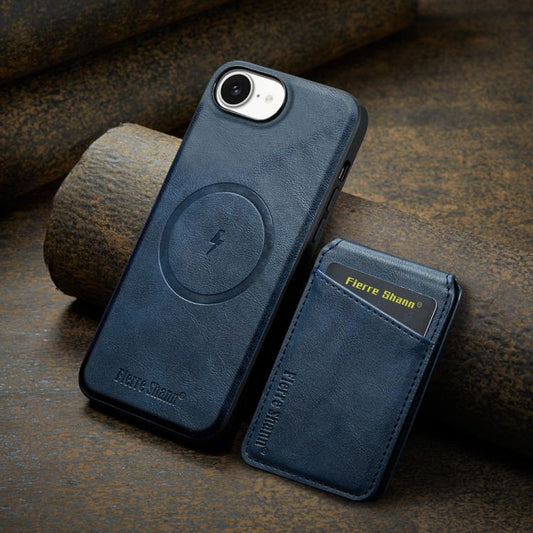 For iPhone 17e / 16e Fierre Shann Cowhide Vertical Flip Magnetic Card Holder Phone Case(Blue)