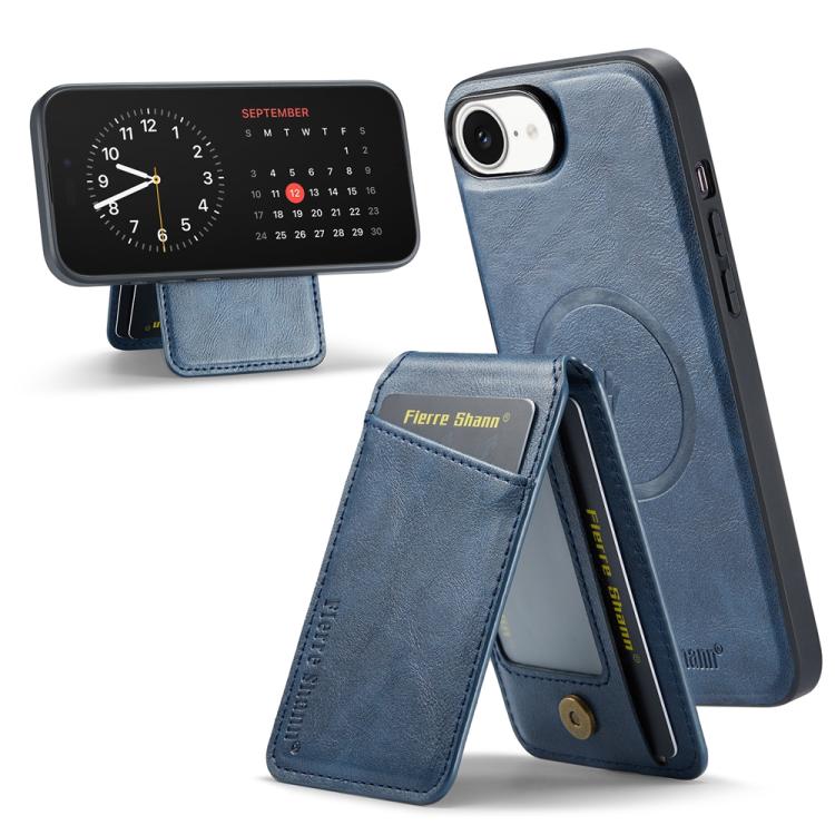 For iPhone 17e / 16e Fierre Shann Cowhide Vertical Flip Magnetic Card Holder Phone Case(Blue)