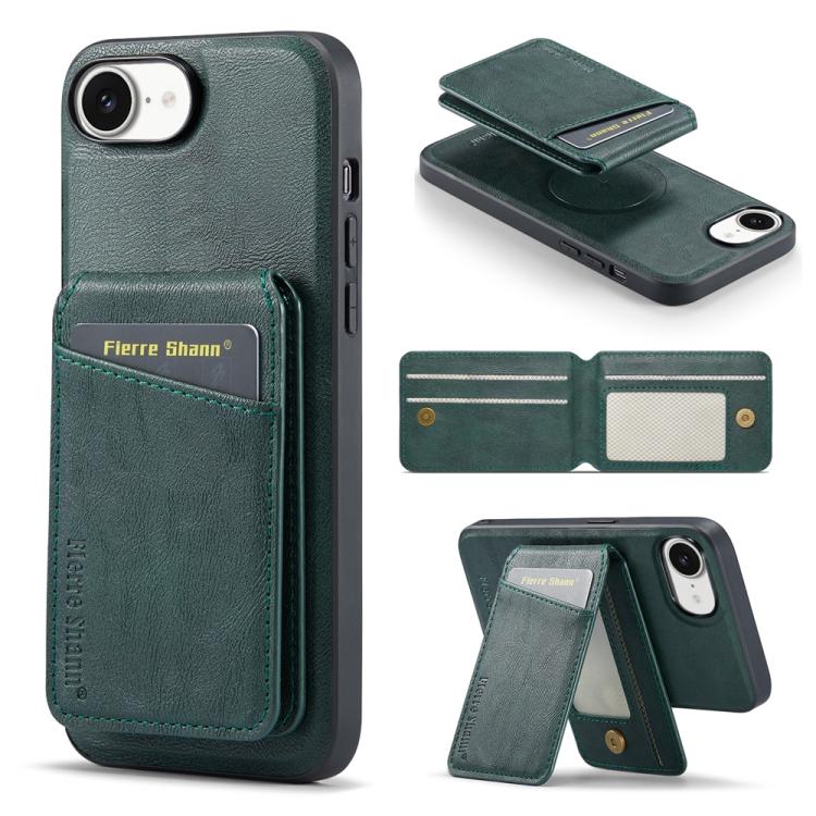 For iPhone 17e / 16e Fierre Shann Cowhide Vertical Flip Magnetic Card Holder Phone Case(Green)