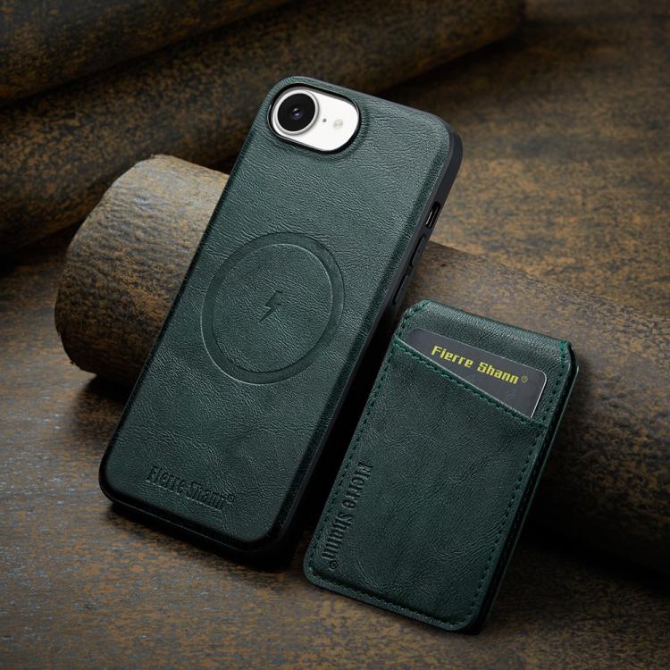 For iPhone 17e / 16e Fierre Shann Cowhide Vertical Flip Magnetic Card Holder Phone Case(Green)