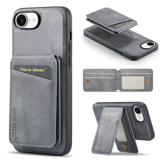 For iPhone 17e / 16e Fierre Shann Cowhide Vertical Flip Magnetic Card Holder Phone Case(Grey)