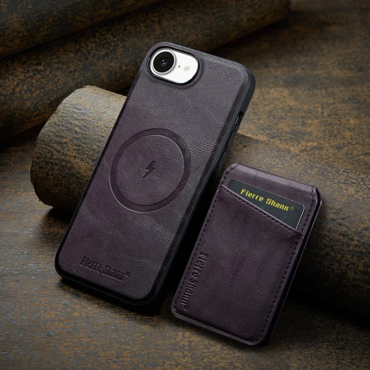 For iPhone 17e / 16e Fierre Shann Cowhide Vertical Flip Magnetic Card Holder Phone Case(Purple)