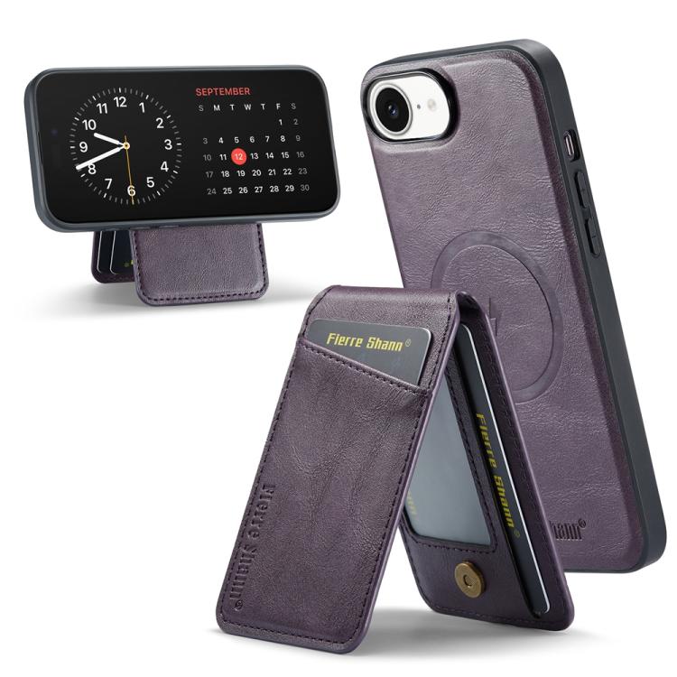 For iPhone 17e / 16e Fierre Shann Cowhide Vertical Flip Magnetic Card Holder Phone Case(Purple)