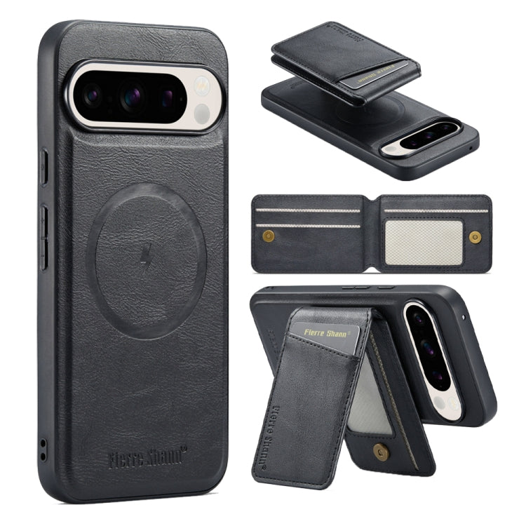 For Google Pixel 9 Pro Fierre Shann Cowhide Vertical Flip Magnetic Card Holder Phone Case(Black)