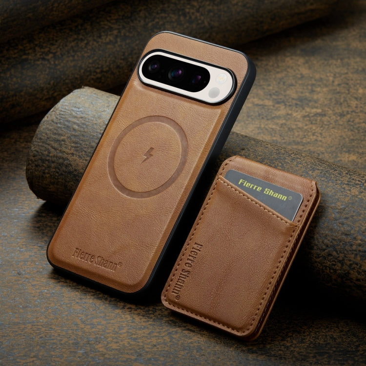 For Google Pixel 9 Pro Fierre Shann Cowhide Vertical Flip Magnetic Card Holder Phone Case(Brown)