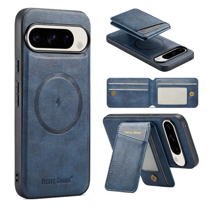 Pour Google Pixel 9 Pro Fierre Shann Étui de téléphone à rabat vertical en cuir de vachette avec porte-cartes magnétique (bleu)