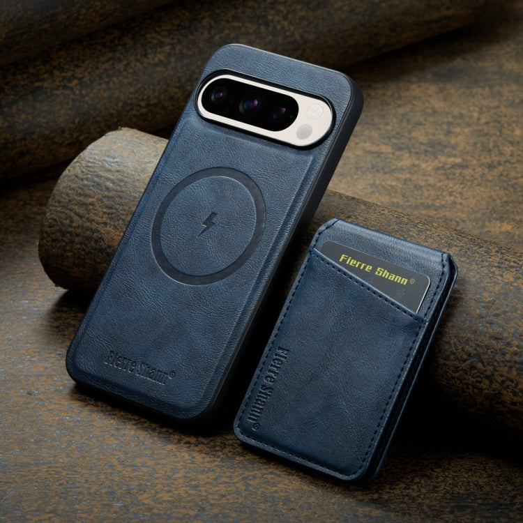 Pour Google Pixel 9 Pro Fierre Shann Étui de téléphone à rabat vertical en cuir de vachette avec porte-cartes magnétique (bleu)