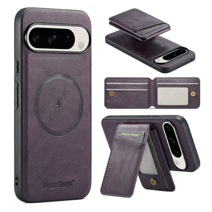 For Google Pixel 9 Pro Fierre Shann Cowhide Vertical Flip Magnetic Card Holder Phone Case(Purple)