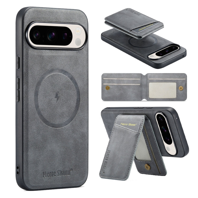 Pour Google Pixel 9 Fierre Shann Étui de téléphone à rabat vertical magnétique en cuir de vachette (gris)