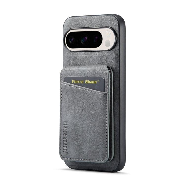 Pour Google Pixel 9 Fierre Shann Étui de téléphone à rabat vertical magnétique en cuir de vachette (gris)