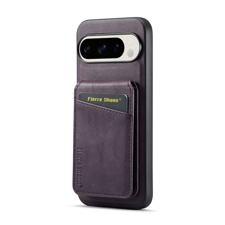 For Google Pixel 9 Fierre Shann Cowhide Vertical Flip Magnetic Card Holder Phone Case(Purple)