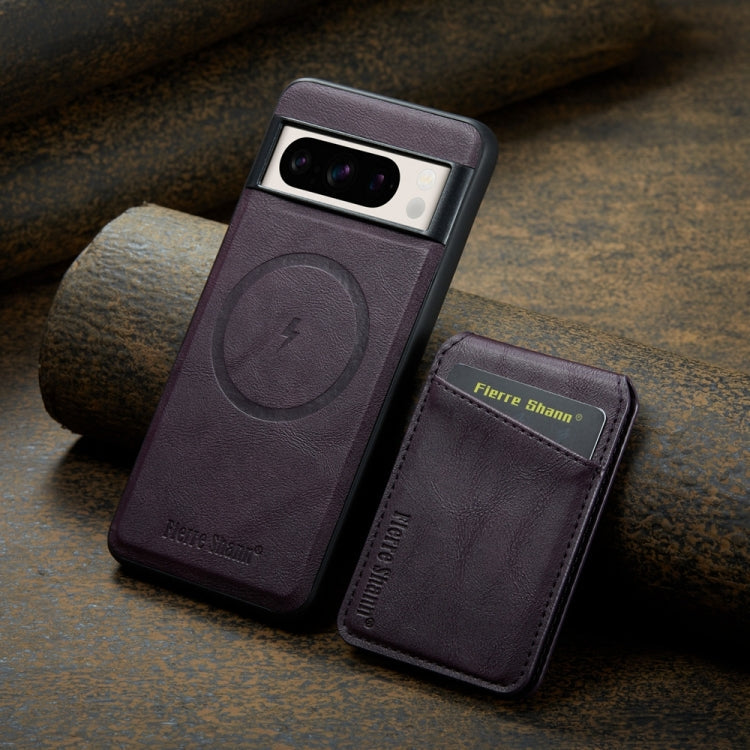 For Google Pixel 8 Fierre Shann Cowhide Vertical Flip Magnetic Card Holder Phone Case(Purple)
