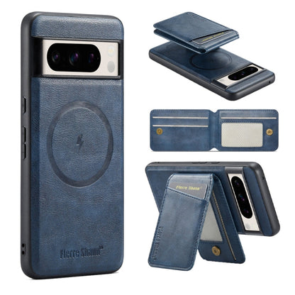 For Google Pixel 7 Fierre Shann Cowhide Vertical Flip Magnetic Card Holder Phone Case(Blue)