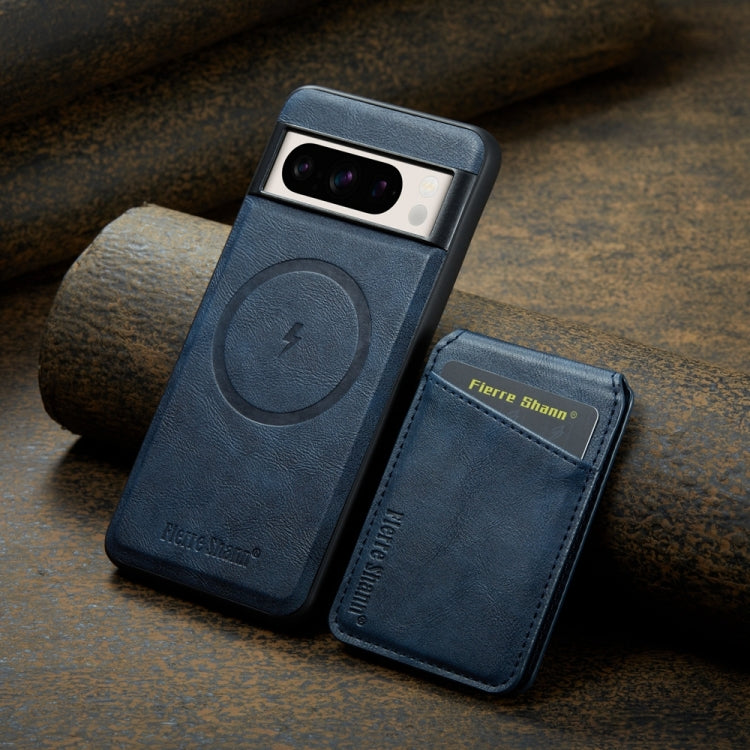 For Google Pixel 7 Fierre Shann Cowhide Vertical Flip Magnetic Card Holder Phone Case(Blue)