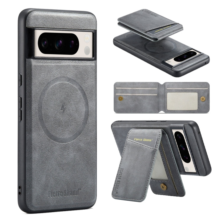 For Google Pixel 7 Fierre Shann Cowhide Vertical Flip Magnetic Card Holder Phone Case(Grey)