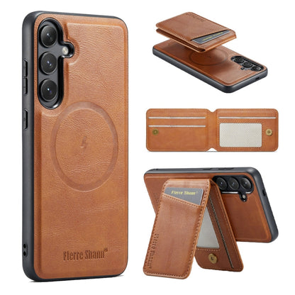 For Samsung Galaxy S24+ 5G Fierre Shann Cowhide Vertical Flip Magnetic Card Holder Phone Case(Brown)