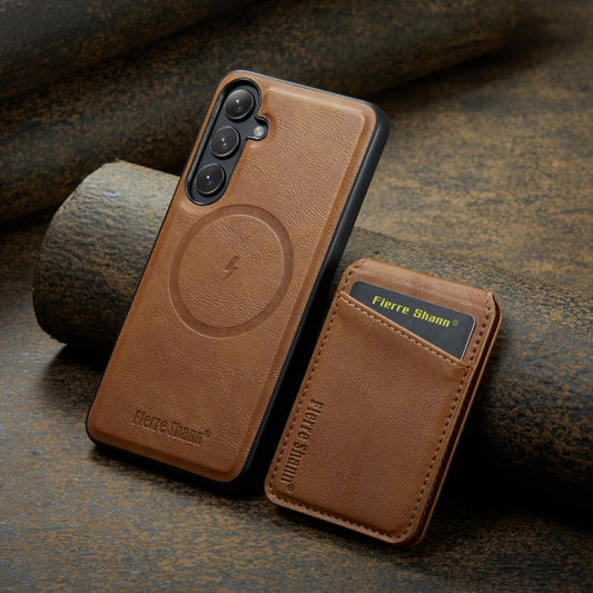 For Samsung Galaxy S24+ 5G Fierre Shann Cowhide Vertical Flip Magnetic Card Holder Phone Case(Brown)