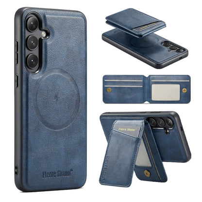 Pour Samsung Galaxy S24+ 5G Étui de téléphone Fierre Shann en cuir de vachette à rabat vertical magnétique avec porte-cartes (Bleu)