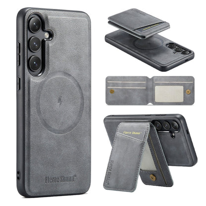For Samsung Galaxy S24+ 5G Fierre Shann Cowhide Vertical Flip Magnetic Card Holder Phone Case(Grey)