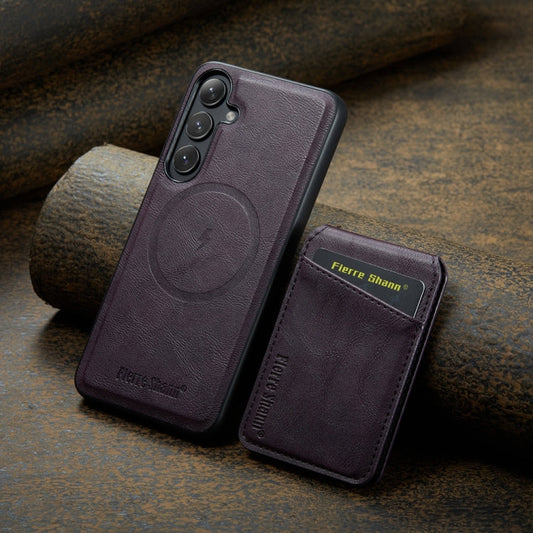 For Samsung Galaxy S24+ 5G Fierre Shann Cowhide Vertical Flip Magnetic Card Holder Phone Case(Purple)