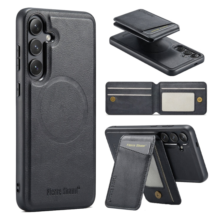 For Samsung Galaxy S23 FE 5G Fierre Shann Cowhide Vertical Flip Magnetic Card Holder Phone Case(Black)