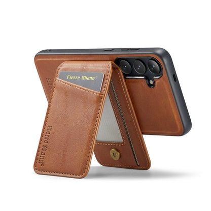 For Samsung Galaxy S23 FE 5G Fierre Shann Cowhide Vertical Flip Magnetic Card Holder Phone Case(Brown)