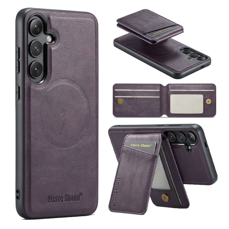 For Samsung Galaxy S23 FE 5G Fierre Shann Cowhide Vertical Flip Magnetic Card Holder Phone Case(Purple)