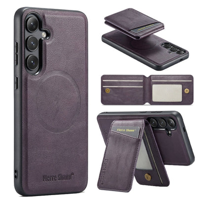 For Samsung Galaxy S23 FE 5G Fierre Shann Cowhide Vertical Flip Magnetic Card Holder Phone Case(Purple)