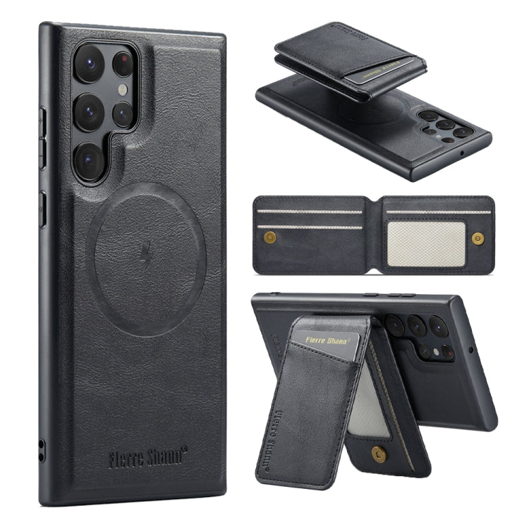 For Samsung Galaxy S23 Ultra 5G Fierre Shann Cowhide Vertical Flip Magnetic Card Holder Phone Case(Black)