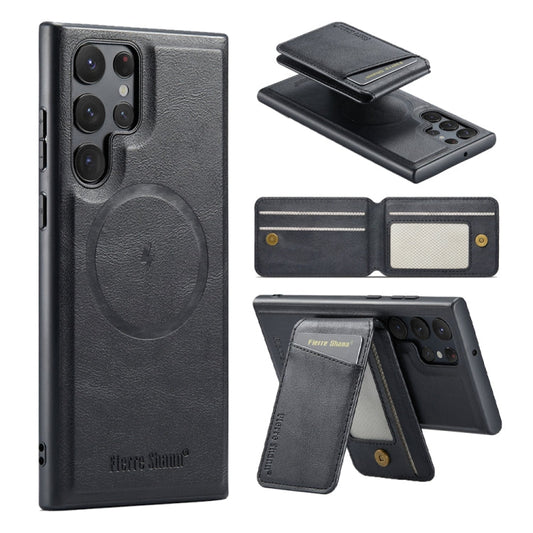 For Samsung Galaxy S23 Ultra 5G Fierre Shann Cowhide Vertical Flip Magnetic Card Holder Phone Case(Black)