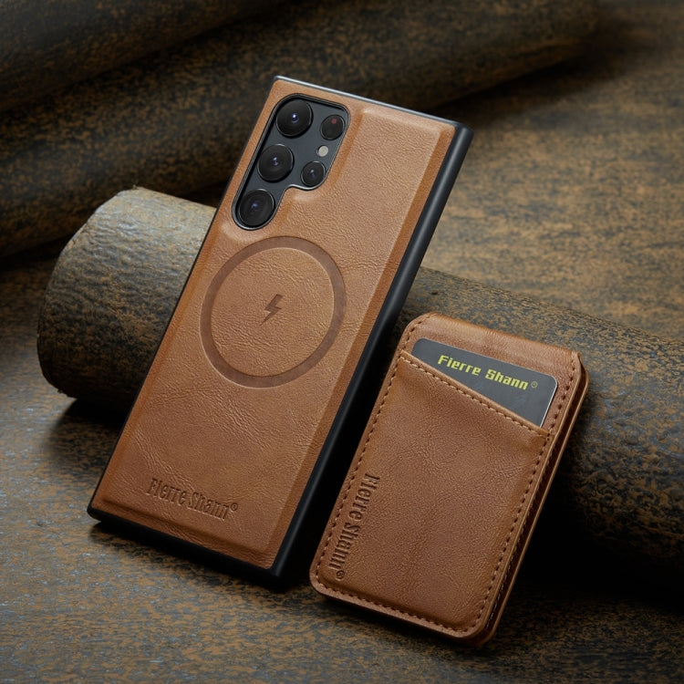 For Samsung Galaxy S23 Ultra 5G Fierre Shann Cowhide Vertical Flip Magnetic Card Holder Phone Case(Brown)
