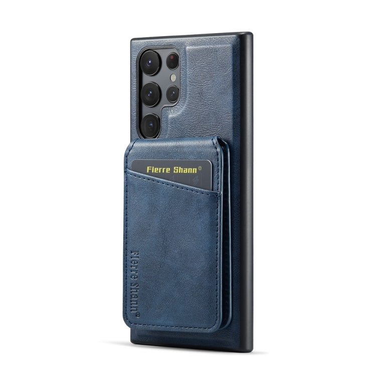 For Samsung Galaxy S23 Ultra 5G Fierre Shann Cowhide Vertical Flip Magnetic Card Holder Phone Case(Blue)
