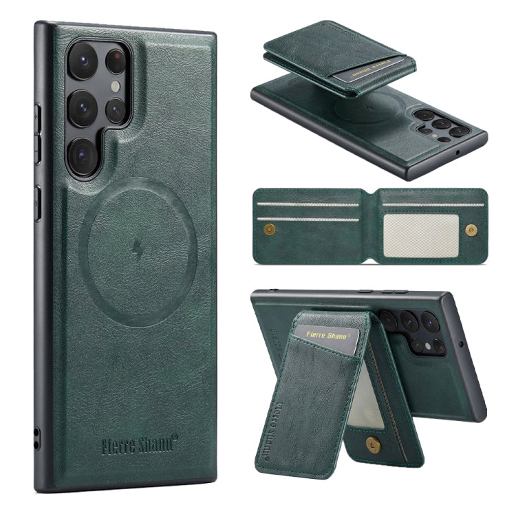 For Samsung Galaxy S23 Ultra 5G Fierre Shann Cowhide Vertical Flip Magnetic Card Holder Phone Case(Green)
