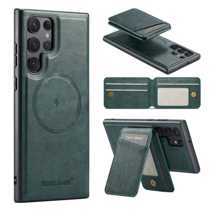 For Samsung Galaxy S23 Ultra 5G Fierre Shann Cowhide Vertical Flip Magnetic Card Holder Phone Case(Green)